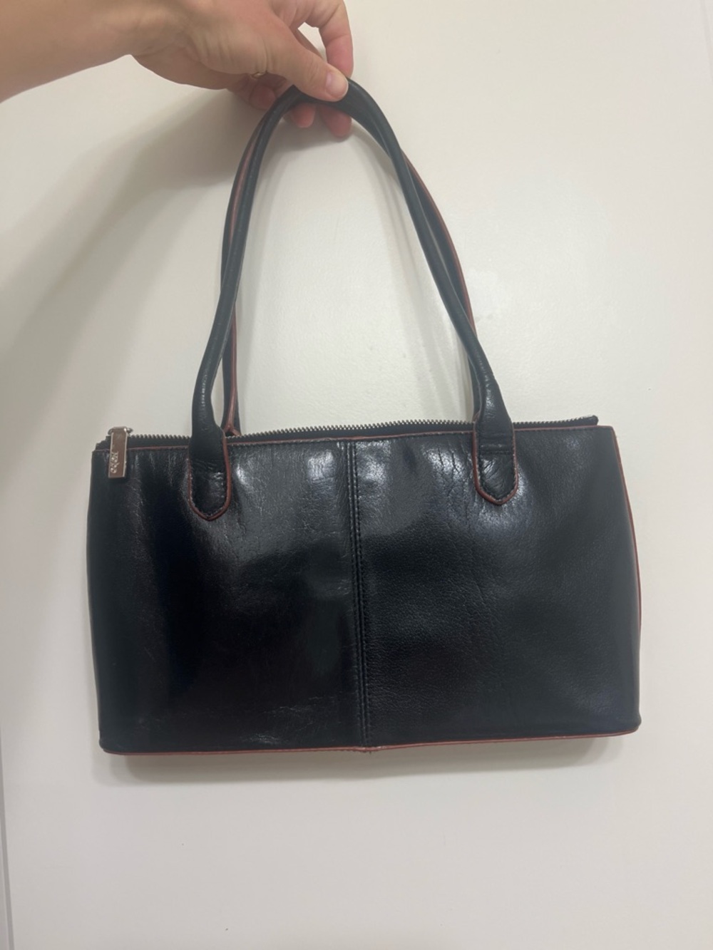 HOBO Black Leather Shoulder Bag with Brown Trim